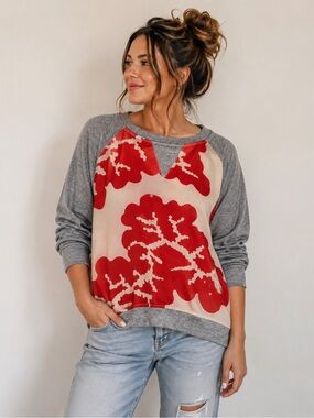 Karen Zambos Red and Gray Pullover Sweater